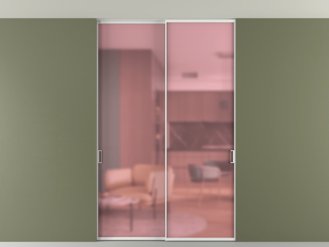 Перегородка Formato внутри проёма скрытое крепление в потолок 2 створки АЛПР 040.01 Алюминий белоснежный Сатинированное розовое стекло, триплекс Цена 246972 ₽ | Volhovec