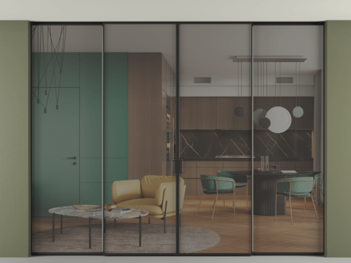 Перегородка Формато внутри проёма скрытое крепление в потолок 4 створки АЛПР 040.01 Алюминий Черный Прозрачное серое стекло, триплекс Цена 484420 ₽ | Volhovec