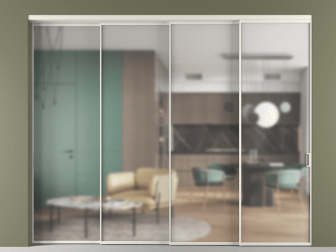 Перегородка Формато внутри проёма 4 створки с синхронным механизмом АЛПР 040.01 Алюминий Белый Сатинированное стекло "Мателюкс Кристал Вижн", калёное, матовое, каленое 6 мм Цена 510500 ₽ | Volhovec