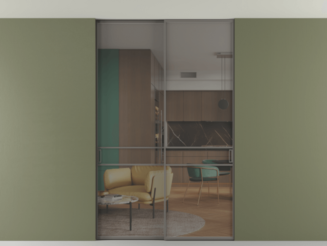 Перегородка Формато внутри проёма скрытое крепление в потолок 2 створки АЛПР 040.02 Алюминий классический серый Прозрачное серое стекло, триплекс Цена 289520 ₽ | Volhovec