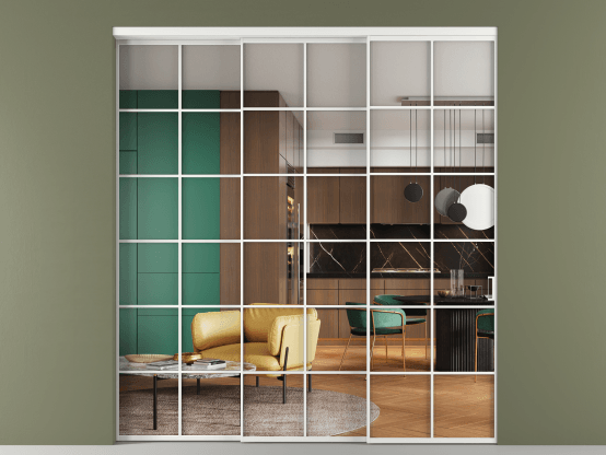 Алюминевая перегородка АЛПР 040.05_АБЛ_Crystalvision_new. Цвет Алюминий белоснежный. Материал Алюминий в эмали. Коллекция Перегородка Формато внутри проёма 3 створки с синхронным механизмом. Картинка.