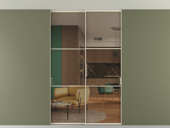 Алюминевая перегородка vn2_03 Алюминий бежево-серый Бронза прозрачное. Цвет Алюминий бежево-серый. Материал Алюминий в эмали. Коллекция Перегородка Формато внутри проёма скрытое крепление в потолок 2 створки. Картинка.