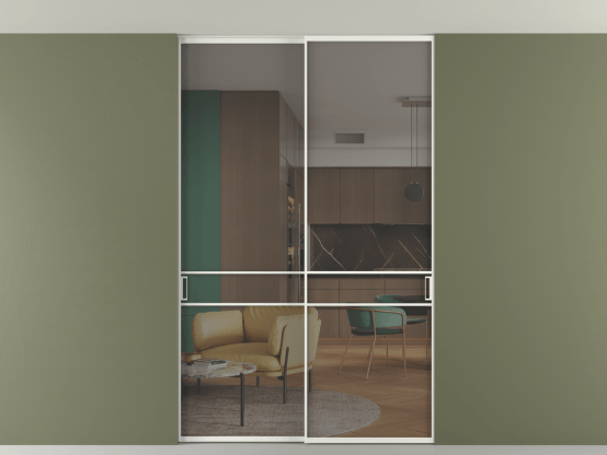 Алюминевая перегородка vn2_02 Алюминий светло-серый Серый прозрачное. Цвет Алюминий светло-серый. Материал Алюминий в эмали. Коллекция Перегородка Формато внутри проёма скрытое крепление в потолок 2 створки. Картинка.