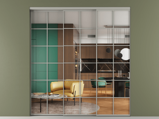 Алюминевая перегородка АЛПР 040.05_АНСР_Crystalvision_new. Цвет Алюминий нейтральный серый. Материал Алюминий в эмали. Коллекция Перегородка Формато внутри проёма 3 створки с синхронным механизмом. Картинка.